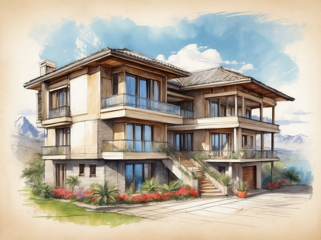Auf dem Bild ist eine künstlerische Zeichnung eines modernen Hauses mit mehreren Etagen, großen Fenstern und einem erdigen, elegant gestalteten Außenschema zu sehen. Es scheint auch eine Treppe und verschiedene Pflanzen im Außenbereich zu geben.Bezüglich des Copthorne Hotels Auckland City: Es handelt sich um ein zentral gelegenes Hotel in Auckland, Neuseeland. Das Hotel bietet komfortable Unterkünfte, eine Vielzahl von Annehmlichkeiten und einen hervorragenden Blick auf die Stadt und den Hafen. Gäste genießen oft die Nähe zu beliebten Sehenswürdigkeiten, Restaurants und Einkaufszentren. Die Ausstattung umfasst in der Regel Konferenzräume, ein Restaurant und Fitnessmöglichkeiten.