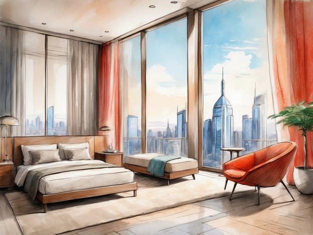 Auf dem Bild ist ein modernes Schlafzimmer mit großen Fenstern und einem beeindruckenden Blick auf eine Stadt zu sehen. Es gibt ein großes Bett und ein zusätzliches Einzelbett mit minimalistischer Einrichtung. Die Farben sind hell und freundlich, und der Raum hat eine elegante Atmosphäre.Im Copthorne Hotel Auckland City könnten ähnliche Zimmeroptionen wie das Deluxe-Zimmer oder das Executive-Zimmer angeboten werden, die beide eine komfortable Ausstattung und schöne Ausblicke auf die Stadt bieten. Diese Zimmer sind ideal für Reisende, die sowohl Komfort als auch eine gute Lage suchen.