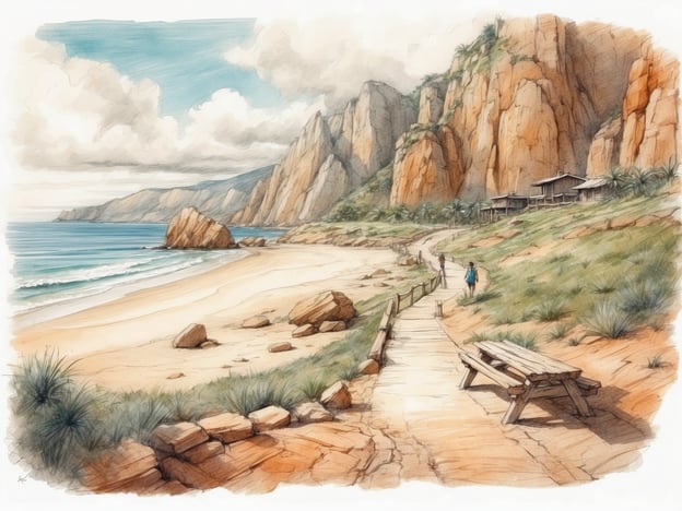Auf dem Bild ist eine malerische Küstenlandschaft zu sehen. Man erkennt einen Strand mit sanften Wellen und beeindruckenden Felsen im Hintergrund. Der Wanderweg aus Holz lädt zu einem entspannenden Spaziergang entlang der Küste ein.In dieser Umgebung könnte man verschiedene Freizeit- und Erholungsmöglichkeiten genießen, wie zum Beispiel:- **Spazierengehen**: Der Wanderweg bietet eine ideale Gelegenheit für entspannte Spaziergänge in der Natur.- **Picknicken**: Der Holz-Tisch auf dem Weg eignet sich hervorragend für ein gemütliches Picknick mit Blick auf die See.- **Schwimmen**: Die ruhigen Wellen machen den Strand zu einem einladenden Ort für Schwimmer.- **Naturbeobachtungen**: Die herrliche Landschaft kann dazu einladen, die einheimische Flora und Fauna zu erkunden.Insgesamt vermittelt die Szene ein Gefühl von Ruhe und Freiheit, perfekt für eine Auszeit vom Alltag.