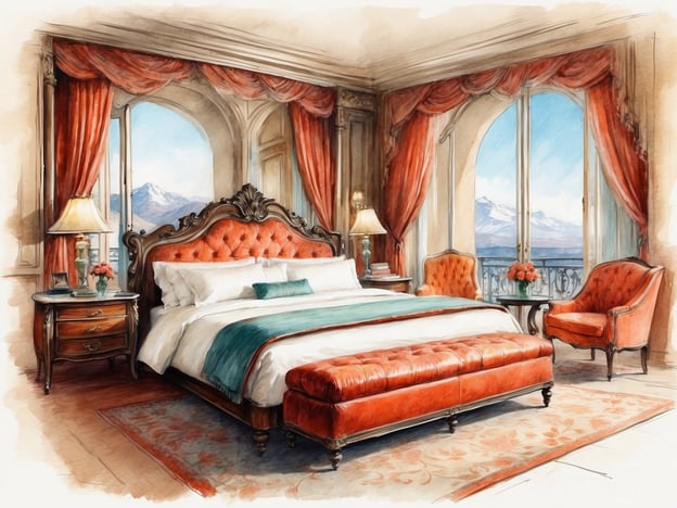 Das Bild zeigt ein elegantes Schlafzimmer mit klassischem Design. Es gibt ein großes, opulent gefedertes Bett mit einer orangenfarbigen Bettbank. Die Wände sind mit schweren, roten Vorhängen geschmückt, und große Fenster bieten einen Blick auf eine Gebirgslandschaft. Neben dem Bett steht ein Nachttisch mit einer Lampe und einem kleinen Blumenarrangement. Rote Sessel und ein kleiner Tisch vervollständigen die luxuriöse Atmosphäre des Raumes.Über das Copthorne Hotel Baranan: Dieses Hotel bietet eine stilvolle Unterkunft mit gehobenem Ambiente, perfekt für Reisende, die Komfort und Eleganz suchen. Die Zimmer sind geschmackvoll eingerichtet und die Aussicht auf die umgebende Landschaft trägt zur entspannten Atmosphäre bei. Guests können sich auf eine Vielzahl von Annehmlichkeiten freuen, die ihren Aufenthalt angenehm gestalten.