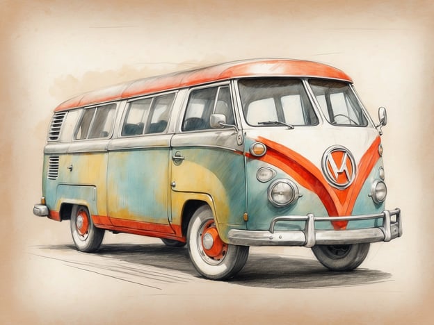 Auf dem Bild ist ein alter Volkswagen-Bus zu sehen. Dieser hat eine bunte Lackierung in Blau, Orange und Weiß. Der Bus hat große Fenster und ein markantes Design, das typisch für die Fahrzeuge aus den 1960er Jahren ist.### Die Zimmer und Ausstattung:- **Fahrzeug**: Der Bus hat Platz für mehrere Fahrgäste, ideal für Reisen oder Ausflüge.- **Fenster**: Große seitliche Fenster sorgen für gute Sicht und viel natürliches Licht.- **Innenausstattung**: Obwohl im Bild nicht sichtbar, sind solche Modelle oft mit Sitzbänken ausgestattet und bieten bei einigen Varianten auch Platz für eine kleine Küchenzeile oder Schlafmöglichkeiten.Dieser VW-Bus ist nicht nur ein Fortbewegungsmittel, sondern auch ein Symbol für Freiheit und Abenteuer.