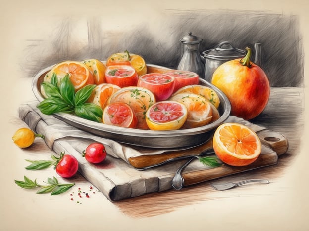 Auf dem Bild sind verschiedene Zitrusfrüchte zu sehen, die kunstvoll angerichtet sind. Besonders hervorstechend sind die bunten Scheiben von Grapefruits, Orangen und vielleicht Mandarinen, die einen frischen und aromatischen Eindruck vermitteln. Die Farben reichen von leuchtendem Orange über kräftiges Rot bis hin zu sanften Gelbtönen, was das Gericht lebendig und einladend erscheinen lässt.Zusätzlich gibt es einige kleine Äpfel und Kräuter wie Basilikum, die für eine schöne Präsentation sorgen. Die Anordnung auf einem rustikalen Holzbrett und die Verwendung von schlichtem Geschirr und Besteck verleihen dem Ganzen einen heimeligen, aber eleganten Charakter. Dieses Arrangement könnte wunderbar als erfrischender Obstsalat oder Dessert serviert werden.