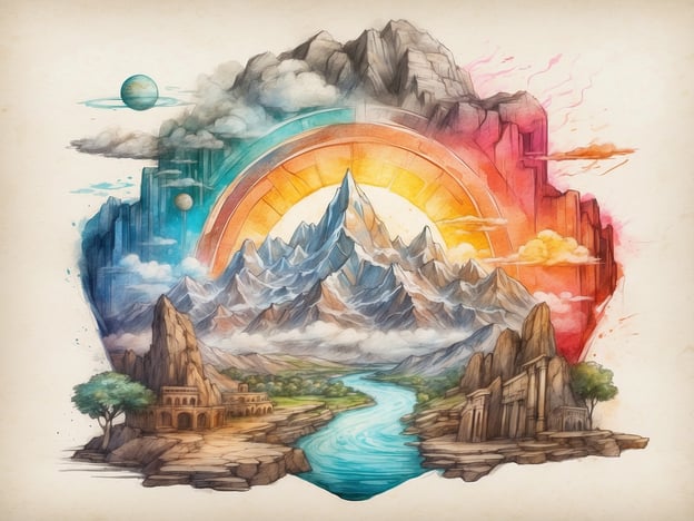 Auf dem Bild ist eine künstlerische Darstellung einer fantastischen Landschaft zu sehen. Die Szene zeigt majestätische Berge, eine schimmernde Flusslandschaft und verschiedene himmlische Elemente wie Planeten und einen bunten Regenbogen. Um die Atmosphäre zu verstärken, gibt es architektonische Ruinen und Bäume, die der Umgebung einen mystischen Charakter verleihen.Entdecke die Attraktionen in der Nähe: Solch eine Landschaft könnte als Inspiration für einen Wanderweg in einer malerischen Bergregion oder einen thematischen Park dienen, in dem Natur und Fantasie miteinander verschmelzen. Besuche lokale Kunstgalerien oder Naturreservate, die ähnliche atemberaubende Ausblicke bieten!