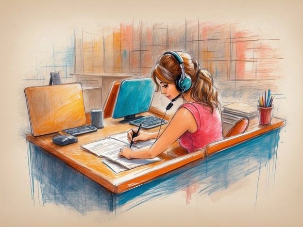 Auf dem Bild ist eine Mitarbeitende zu sehen, die im Kundenservice arbeitet. Sie trägt ein Headset und ist damit beschäftigt, Notizen zu machen oder Informationen aufzuschreiben. Der Schreibtisch ist mit zwei Computermonitoren und Büromaterialien ausgestattet.Im Kontext von Gästebewertungen könnten solche Szenen Eindrücke von einem engagierten Kundenservice vermitteln, der auf die Bedürfnisse und Anfragen der Kunden eingeht. Eine freundliche und aufmerksame Mitarbeitende kann erheblich zur Kundenzufriedenheit beitragen und positive Bewertungen fördern.