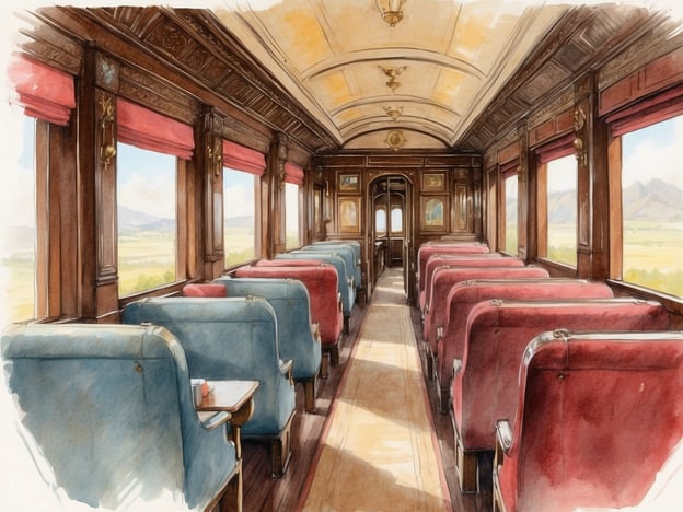 Eine stilvolle Innenansicht eines alten Zugabteils mit kunstvollen Holzelementen. Die Sitze sind bequem und in Blau und Rot gehalten, während große Fenster den Blick auf die Landschaft außerhalb ermöglichen. Sanfte Tageslichtstrahlen fallen durch die Fenster und beleuchten den Raum, der eine elegante und nostalgische Atmosphäre ausstrahlt.