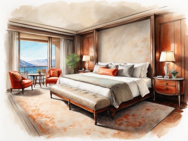 Auf dem Bild ist eine elegante Hotelzimmeransicht zu sehen. Das Zimmer verfügt über ein großes Bett mit weichen Kissen und einer dekorativen Decke. An den Wänden sind warme Holzelemente, die eine luxuriöse Atmosphäre schaffen.Es gibt zwei stilvolle rote Sessel zusammen mit einem kleinen Tisch, der eine Blumenarrangement zeigt. Große Fenster bieten einen herrlichen Ausblick auf eine Berglandschaft und lassen viel Tageslicht herein. Der gesamte Raum vermittelt ein Gefühl von Komfort und Raffinesse, ideal für einen entspannten Aufenthalt.