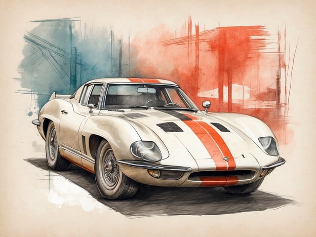 Auf dem Bild ist ein Fahrzeug zu sehen, genauer gesagt ein klassisches Auto mit einer eleganten Form und auffälligen roten Streifen. Es hat ein sportliches Design mit einer aerodynamischen Linie, die ihm ein dynamisches Aussehen verleiht.Das Bild scheint in einem künstlerischen Stil gestaltet zu sein, mit Farben im Hintergrund, die blau und rot sind, was dem Ganzen eine lebendige Atmosphäre verleiht. Die Ausstattung des Autos könnte Ledersitze, ein sportliches Lenkrad und andere raffinierte Details umfassen, die typischerweise in klassischen Sportwagen zu finden sind.Insgesamt vermittelt das Bild eine starke visuelle Präsenz und Dynamik, die das Auto in den Mittelpunkt stellt.