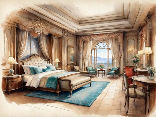 Auf dem Bild ist ein elegantes Hotelzimmer zu sehen, das durch einen luxuriösen und stilvollen Charakter besticht. Der Raum ist mit einer großen, gepolsterten Bettenausstattung ausgestattet, die von mehreren Kissen in einem sanften Türkis begleitet wird.Die Wände sind reich verziert, und große Vorhänge rahmen das Fenster ein, das einen schönen Blick auf eine Berglandschaft bietet. Neben dem Bett gibt es Nachttische mit Tischlampen, die eine gemütliche Atmosphäre schaffen. In der Nähe befindet sich eine kleine Sitzecke mit einem Tisch und bequemen Stühlen, perfekt für entspannte Momente oder um den Ausblick zu genießen. Ein Teppich und geschmackvolle Dekorationen runden das Gesamtbild ab, was auf ein gehobenes Ambiente im Hotel hinweist.