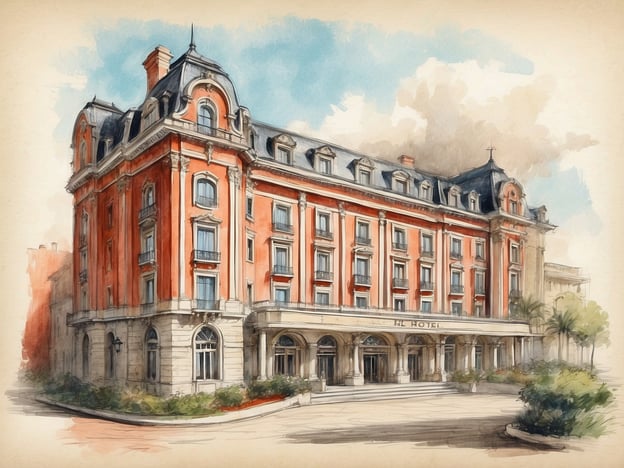 Auf dem Bild ist ein malerisches Hotel zu sehen, das in einer nostalgischen, zeichnerischen Art dargestellt ist. Es hat eine beeindruckende Architektur, gekennzeichnet durch eine rot-orange Fassade, große Fenster und einen eleganten, geschwungenen Eingang.Historisch betrachtet könnte ein solches Hotel, je nach Standort, eine bedeutende Rolle im sozialen und kulturellen Leben einer Stadt gespielt haben. In vielen Städten Europas diente die Etablierung luxuriöser Hotels im 19. und frühen 20. Jahrhundert nicht nur als Unterkunft für Reisende, sondern auch als Treffpunkt für gesellschaftliche Veranstaltungen und kulturelle Ereignisse. Der Baustil könnte auf die Belle Époque zurückgehen, eine Zeit, die für ihre Opulenz und den Aufschwung des Reisens bekannt ist.Falls dieses Hotel tatsächlich existiert, könnte es auch interessante Geschichten über berühmte Gäste, besondere Ereignisse oder Renovierungen über die Jahre hinweg haben. Solche Hotels sind oft auch Teil des Erbes einer Stadt und spiegeln deren Geschichte wider.
