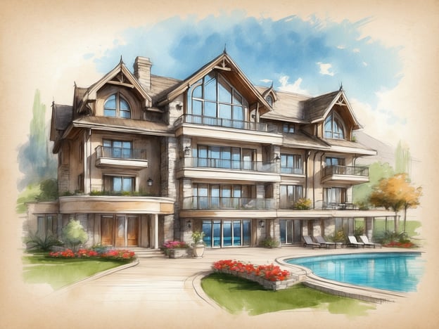 Auf dem Bild ist ein luxuriöses Mehrfamilienhaus oder eine Villa zu sehen. Die Architektur zeichnet sich durch ein elegantes Design mit großen Fenstern und einem spitzen Dach aus.**Die Annehmlichkeiten und Services:**- **Schwimmpool:** Ein schön gestalteter Pool, der zum Entspannen einlädt.- **Garten:** Gepflegte Außenanlagen mit Blumenbeeten und Grünflächen, ideal für Freizeitaktivitäten.- **Terrassen:** Mehrere Balkone bzw. Terrassen, die den Bewohnern einen schönen Ausblick bieten.- **Parkmöglichkeiten:** Einfacher Zugang zu Parkplätzen.- **Sichtschutz und Privatsphäre:** Die Gestaltung fördert ein Gefühl von Exklusivität und Abgeschiedenheit.Dieses Ambiente eignet sich hervorragend für komfortables Wohnen und geselliges Beisammensein.