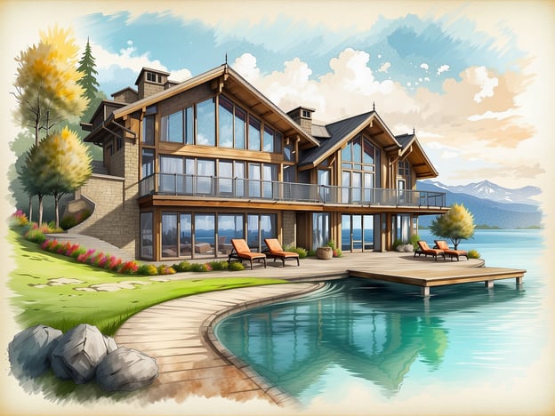 Auf dem Bild ist ein stilvolles, modernes Haus am Wasser zu sehen, umgeben von einem gepflegten Garten mit bunten Blumen und Bäumen. Es hat große Fenster, die eine schöne Aussicht auf die Wasserfläche sowie die Landschaft ermöglichen. Eine Holzterrasse erstreckt sich über das Wasser und bietet Liegestühle zum Entspannen.Das Copthorne Hotel Rotorua ist ein beliebtes Hotel in Neuseeland, das für seine atemberaubenden Ausblicke auf den Rotorua-See bekannt ist. Es bietet komfortable Unterkünfte, verschiedene Annehmlichkeiten und ist ein guter Ausgangspunkt, um die geothermischen Aktivitäten und die Natur der Umgebung zu erkunden. Gäste können Aktivitäten wie Wanderungen, Bootsfahrten und das Entdecken der Maori-Kultur genießen.