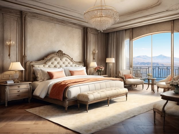Auf dem Bild ist ein luxuriöses Zimmer zu sehen, das mit eleganten Möbeln und einem großen Bett ausgestattet ist. Die Gestaltung strahlt Komfort und Stil aus, mit einem warmen Farbschema und viel Licht durch die großen Fenster.Das **Copthorne Hotel Sharjah** ist bekannt für seinen erstklassigen Service und die eleganten Unterkünfte. Es wurde in den späten 1990er Jahren eröffnet und hat sich seitdem als beliebtes Ziel für Geschäftsreisende und Touristen etabliert. Das Hotel bietet eine Mischung aus modernem Komfort und traditionellem arabischen Flair, was es zu einem einzigartigen Erlebnis macht. Die Zimmer sind oft mit hochwertigen Materialien und einem durchdachten Design ausgestattet, um den Gästen ein Gefühl von Luxus zu bieten, ähnlich dem, was auf dem Bild dargestellt ist.