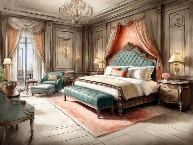 Auf dem Bild ist ein elegantes Schlafzimmer zu sehen, das mit luxuriösen Annehmlichkeiten ausgestattet ist. Im Zentrum steht ein großes, pompöses Bett mit einer gepolsterten Kopfteilgestaltung und hochwertigen Bettwaren. Zu den Services des Zimmers gehören stilvolle Nachttische mit Lampen, ein gemütlicher Sessel sowie ein Hocker, die für Entspannung sorgen.Die Fenster sind mit edlen Vorhängen gestaltet, die viel Tageslicht hereinlassen und gleichzeitig Privatsphäre bieten. Der Bodenteppich und die hochwertigen Möbel rund um das Bett schaffen eine einladende Atmosphäre, während die Kronleuchter und Wandleuchten dem Raum zusätzlichen Glanz verleihen. Insgesamt vermittelt das Zimmer ein Gefühl von Komfort und Luxus.