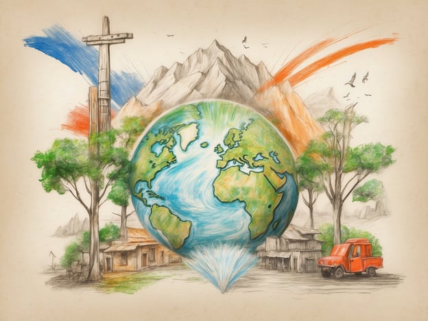 Auf dem Bild ist eine künstlerische Darstellung der Erde zu sehen, die von verschiedenen natürlichen Elementen und menschlichen Aktivitäten umgeben ist. Die globale Perspektive wird durch den Kontinent Erde hervorgehoben, während die umgebenden Bäume und Berge auf die Bedeutung der Natur hinweisen.Das Bild kann als Symbol für Nachhaltigkeitsinitiativen interpretiert werden, die darauf abzielen, die Umwelt zu schützen und natürliche Ressourcen nachhaltig zu nutzen. Die Darstellung von Bäumen und der Natur könnte auf Projekte zur Aufforstung oder zum Erhalt von Biodiversität hinweisen.Zudem gibt es Elemente, die auf soziales Engagement hindeuten, wie die kleine Ansiedlung mit Häusern und dem roten Fahrzeug, was die Bedeutung von Gemeinschaftsprojekten und der Unterstützung lokaler Initiativen betont. Diese Aspekte unterstreichen die Verbindung zwischen ökologischer Nächstenliebe und sozialer Verantwortung.