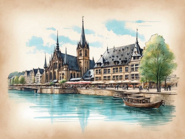 Auf dem Bild sind malerische Gebäude entlang eines Gewässers zu sehen, vermutlich in einer Stadt mit historischem Flair. Touristische Attraktionen könnten die beeindruckende Kirche oder Kathedrale im Hintergrund sein, die sicherlich einen Besuch wert ist.
Aktivitäten in dieser Umgebung könnten Flussfahrten auf den Booten, Spaziergänge entlang der Uferpromenade sowie das Genießen von Cafés oder Restaurants mit Außenplätzen sein. Die Landschaft lädt dazu ein, die Architektur und das gesellige Treiben zu erkunden.