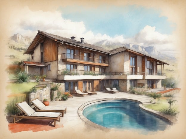 Auf dem Bild ist eine künstlerische Darstellung eines Hauses zu sehen, das eine moderne Architektur zeigt. Es verfügt über einen Pool, Liegen und eine schöne Gartenlandschaft.Das Copthorne Hotel Wellington ist hingegen ein elegantes Hotel in Neuseeland, das oftmals für Geschäfts- und Freizeitreisende genutzt wird. Es bietet komfortable Zimmer, moderne Annehmlichkeiten, ein Restaurant und Tagungsräume. Zudem liegt es in günstiger Lage, um die Attraktionen der Stadt zu erkunden.