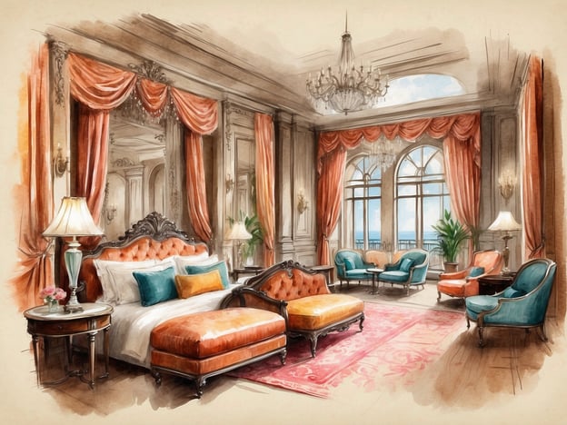 Auf dem Bild ist ein elegantes und luxuriöses Zimmer zu sehen, das mit einzigartigen Annehmlichkeiten und Services ausgestattet ist. Es gibt ein großes, opulentes Bett mit stilvollen Kissen in verschiedenen Farben, das zentral im Raum steht. Die Wände sind mit dekorativen Vorhängen in warmen Orangetönen geschmückt, die dem Raum eine einladende Atmosphäre verleihen.Besondere Merkmale sind die stilvollen Möbel, darunter gepolsterte Sessel in ansprechenden Blautönen und eine gemütliche Chaiselongue. Ein wunderschöner Kristalllüster hängt von der Decke und sorgt für einen Hauch von Glamour. Außerdem gibt es eine elegante Lampe und eine kleine Blumenarrangierung auf einem runden Tisch, was das Ambiente noch angenehmer gestaltet. Große Fenster bieten einen herrlichen Blick nach draußen und lassen viel Tageslicht herein, was den Raum noch luftiger und einladender macht.Insgesamt strahlt das Zimmer einen Hauch von Luxus aus, ideal für einen entspannenden Aufenthalt oder besonderen Anlass.