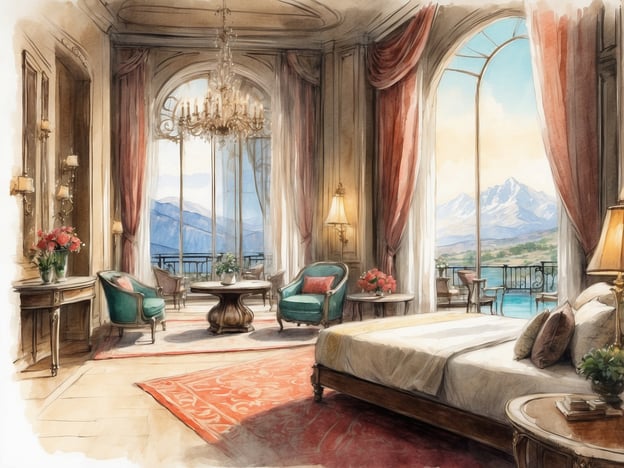 Auf dem Bild ist ein luxuriöses Hotelzimmer zu sehen. Der Raum ist groß und elegant gestaltet, mit einem großen Fenster, das einen herrlichen Blick auf eine Berglandschaft und einen See ermöglicht.Im Vordergrund sieht man ein großes, bequemes Bett und einen stilvollen Teppich. Es gibt bequeme Sessel in einem schönen Grünton, sowie einen runden Tisch in der Mitte des Raumes. An den Wänden hängen elegante Lampen, und frische Blumen verleihen dem Raum eine einladende Atmosphäre. Die gesamte Einrichtung strahlt Luxus und Komfort aus, ideal für einen entspannenden Aufenthalt in einem gehobenen Hotel.