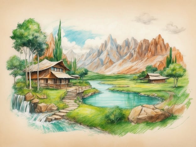 Auf dem Bild ist eine idyllische Landschaft zu sehen, die von Bergen, Flüssen und zwei traditionellen, einfachen Gebäuden umgeben ist. Diese harmonische Szenerie spiegelt Prinzipien der grünen Nachhaltigkeit wider, die in der Green Community von großer Bedeutung sind.Die Verwendung natürlicher Materialien für die Gebäude und die Integration in die Landschaft fördern einen respektvollen Umgang mit der Natur. Zudem könnten die Wasserquellen und die üppige Vegetation eine wichtige Rolle im ökologischen Gleichgewicht spielen, indem sie Biodiversität unterstützen und als Nahrungsquelle für einheimische Tiere dienen.Solche Bilder inspirieren dazu, nachhaltige Lebensweisen zu fördern, die mit der Natur im Einklang stehen und Ressourcen schonen. Die Schönheiten solcher Landschaften ermutigen Gemeinschaften, umweltbewusste Entscheidungen zu treffen, wodurch ein nachhaltiger Lebensstil gefördert wird.