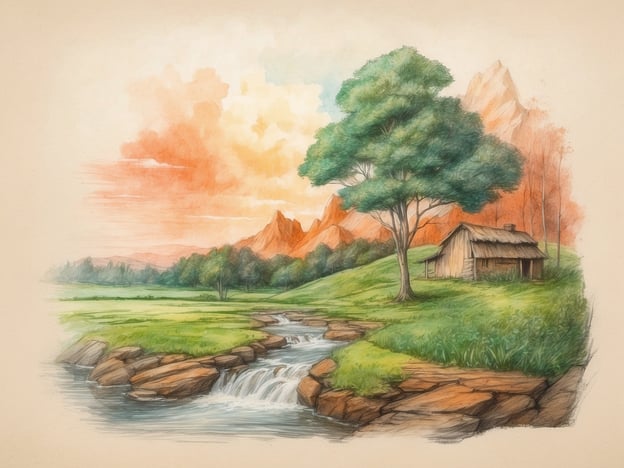 Auf dem Bild ist eine idyllische Landschaft zu sehen: Ein kleines, rustikales Haus steht am Ufer eines plätschernden Baches, umgeben von grünen Wiesen und Bäumen. Im Hintergrund erheben sich majestätische Berge, die den Himmel mit sanften Farben der Abenddämmerung färben.Im Rahmen der grünen Philosophie des Hotels könnte diese Szenerie für Nachhaltigkeit und den respektvollen Umgang mit der Natur stehen. Die harmonische Verbindung von Mensch und Umwelt spiegelt die Werte des Umweltschutzes wider, die Förderung regionaler Materialien und die Idee, unseren Planeten für zukünftige Generationen zu bewahren. Ein solcher Ort könnte eine Oase des Friedens und der Erholung darstellen, in der Gäste die Schönheit der Natur genießen und gleichzeitig deren Schutz unterstützen können.