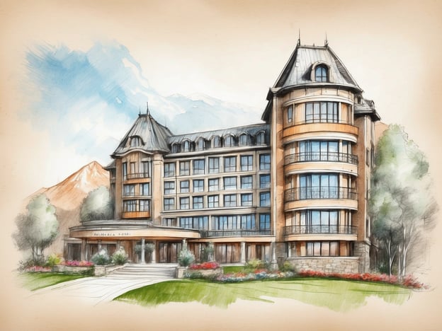 Auf dem Bild ist eine stilisierte Zeichnung eines eleganten Hotelgebäudes zu sehen. Es hat eine auffällige Architektur mit einem markanten Dach und großen Fenstern, die viel Licht hereinlassen. Um das Hotel herum sind gepflegte Gartenanlagen mit Blumen und Bäumen.Institutionen und Services, die man in solch einem Hotel erwarten könnte, sind unter anderem:- **Rezeption**: Für den Check-in und Check-out der Gäste.- **Restaurant und Bar**: Zum Angebot von Speisen und Getränken.- **Wellnessbereich**: Möglicherweise mit einem Spa, Schwimmbad und Fitnessraum.- **Tagungsräume**: Für Veranstaltungen und Konferenzen.- **Zimmerservice**: Für eine bequeme Verpflegung auf dem Zimmer.- **Wäscherei**: Für die Reinigung von Kleidung.Die gesamte Umgebung deutet auf einen gehobenen Service und eine komfortable Unterkunft hin.