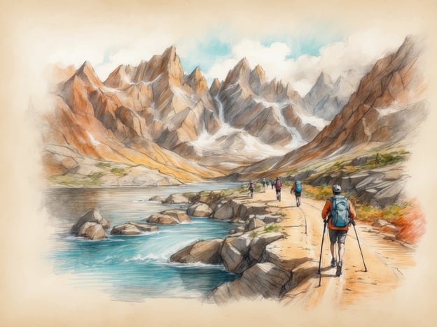 Auf dem Bild ist eine malerische Berglandschaft zu sehen, in der mehrere Wanderer auf einem Weg entlang eines blauen Wassers gehen. Die Umgebung ist von hohen, majestätischen Bergen mit schneebedeckten Gipfeln geprägt.Aktivitäten in der Nähe könnten Wandern, Trekking oder Fotografieren der atemberaubenden Natur sein. Zudem könnten sich Möglichkeiten zum Angeln im Wasser oder zum Picknicken in der Landschaft anbieten.