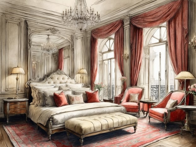 Auf dem Bild ist ein luxuriöses Schlafzimmer zu sehen. Es hat elegante Möbel, darunter ein großes, opulentes Bett mit vielen Kissen, sowie zwei rote Sessel und einen dekorativen Teppich. Die Wände sind hell gestrichen und mit kunstvollen Verzierungen versehen. Große Fenster mit pompösen Vorhängen lassen Licht herein und bieten möglicherweise einen Blick auf die Umgebung.Das Copthorne Tara Hotel ist ein komfortables Hotel in London, das eine gute Lage und verschiedene Annehmlichkeiten bietet. Es ist bekannt für seinen freundlichen Service und die großzügigen Zimmer, die oft elegant eingerichtet sind und über moderne Annehmlichkeiten verfügen. Die Unterkunft zieht sowohl Geschäftsreisende als auch Touristen an und befindet sich in der Nähe beliebter Sehenswürdigkeiten.