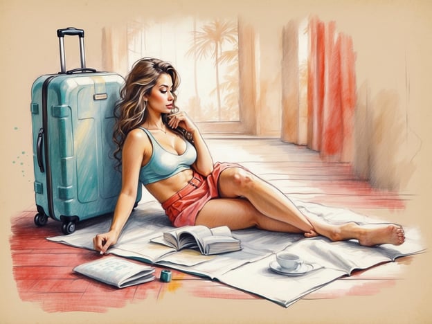 Auf dem Bild ist eine entspannte Atmosphäre zu sehen, die perfekt für Freizeit- und Wellnessangebote geeignet ist. Eine Frau sitzt auf dem Boden und genießt ihren Aufenthalt. Neben ihr steht ein Koffer, was darauf hindeutet, dass sie wahrscheinlich reisen oder einen Urlaub genießen möchte.Sie hat ein Buch auf dem Boden und einen kleinen Kaffeebecher, was auf eine ruhige Lese- und Kaffeepause hinweist. Die Umgebung wirkt hell und einladend, ideal für Aktivitäten wie Yoga, Meditation oder einfach das Entspannen bei einem Wellnessangebot. Solche Szenarien sind perfekt, um dem Alltagsstress zu entkommen und die Seele baumeln zu lassen.