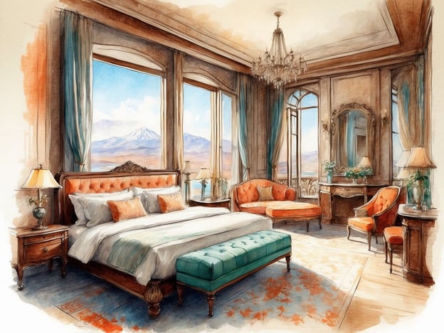 Auf dem Bild ist ein elegantes Schlafzimmer zu sehen. Es verfügt über ein großes, gemütliches Bett mit dekorativen Kissen und eine stilvolle Bettbank. Die Wände sind mit geschmackvollen Vorhängen und einem hübschen Teppich geschmückt.Ein besonderer Blickfang sind die großen Fenster, die einen herrlichen Ausblick auf eine Gebirgslandschaft bieten. Der Raum ist mit antiken Möbeln ausgestattet, darunter ein bequemer Sessel, ein elegantes Sofa und ein Schminktisch mit einer Spiegel. Eine elegante Deckenleuchte und Nachttischlampen sorgen für eine warme Atmosphäre. Insgesamt vermittelt das Zimmer ein Gefühl von Luxus und Komfort.