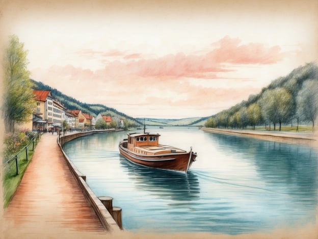 Ein malerischer Wasserweg in Deutschland erstreckt sich sanft durch eine idyllische Landschaft. Auf dem ruhigen Wasser schwimmt ein charmantes Holzboot, während am Ufer ein gepflegter Weg mit Bäumen und Blumen gesäumt ist. An der Seite stehen einladende Häuser mit roten Dächern, die harmonisch in die Umgebung integriert sind. Der Himmel ist in sanften Pastellfarben gefärbt, was eine entspannte Atmosphäre schafft, die perfekt zu den Havel Kreuzfahrten passt.