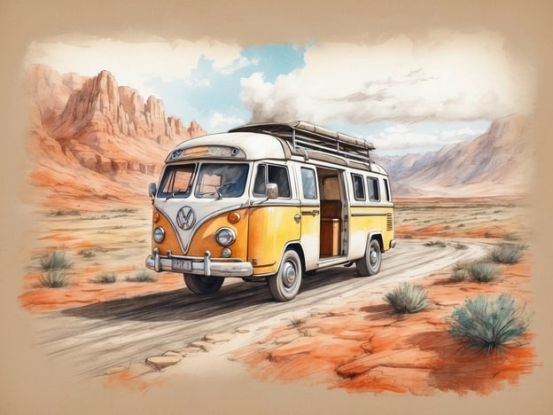 Auf dem Bild ist ein gelber VW Bulli zu sehen, der auf einer staubigen Straße in einer beeindruckenden, felsigen Wüstenlandschaft fährt. Die Umgebung wirkt weitläufig und unberührt, mit roten Sanddünen und majestätischen Felsen im Hintergrund.Diese Szenerie lädt dazu ein, die Natur zu erkunden, vielleicht Wanderungen oder Offroad-Abenteuer zu unternehmen. Freizeitaktivitäten könnten das Campen in der Umgebung oder das Fotografieren der atemberaubenden Landschaft beinhalten. Auch das Entdecken von versteckten Wegen und kleinen Buchten wäre hier möglich, um die Ruhe und Schönheit der Natur zu genießen.