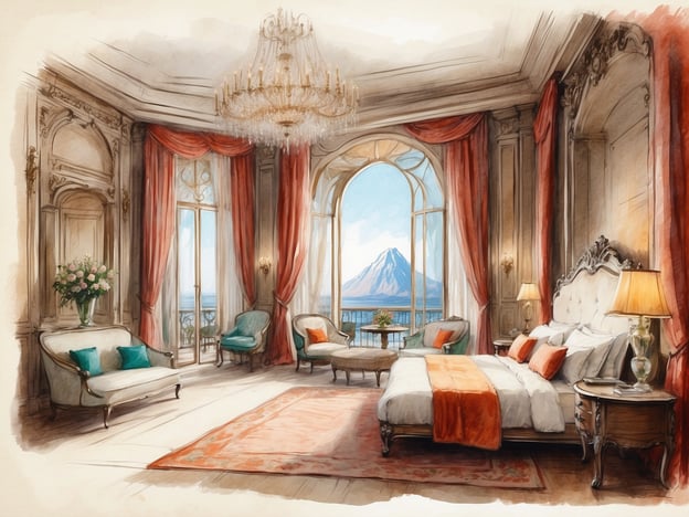 Das Bild zeigt eine kunstvoll gestaltete Suite mit einem eleganten, klassisch inspirierten Design. Im Raum befinden sich ein großes Bett mit weißen und orangefarbigen Kissen, ein stilvoller Sitzbereich mit sofas und bequemen Stühlen sowie ein Tisch. Dominiert wird der Raum von großen Fenstern, die einen atemberaubenden Blick auf einen Berg bieten.Das Grand Millennium Al Wahda ist ein luxuriöses Hotel in Abu Dhabi, bekannt für seinen beeindruckenden Service und seine gehobene Ausstattung. Es bietet stilvolle Zimmer und Suiten, zahlreiche Restaurants, einen Wellnessbereich und direkten Zugang zu einem Einkaufszentrum. Die Lage macht es zu einem idealen Ziel für Geschäftsreisende und Urlauber, die sowohl Komfort als auch Bequemlichkeit suchen.