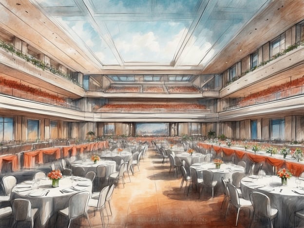 Auf dem Bild ist eine großzügige Veranstaltungsräumlichkeit zu sehen, die für verschiedene Events genutzt werden kann. Der Raum ist lichtdurchflutet und weist eine moderne Architektur auf, mit hohen Decken und großen Fenstern.Es sind elegant eingedeckte Tische mit Blumenarrangements sowie festlichen Tischdecken zu sehen, was auf eine gehobene Veranstaltung wie ein Bankett oder eine Gala hindeutet. Auf den oberen Ebenen befinden sich möglicherweise zusätzliche Sitzgelegenheiten für Zuschauer oder Gäste.Diese Art von Räumlichkeit eignet sich ideal für Konferenzen, Hochzeiten oder Firmenveranstaltungen. Die Bereitstellung von Business-Services, wie Catering, technischem Support und Event-Management, wäre hier ebenfalls möglich, um den Gästen ein umfassendes Erlebnis zu bieten.