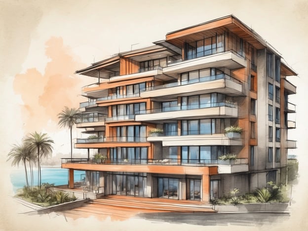 Auf dem Bild ist eine künstlerische Darstellung eines modernen Gebäudes zu sehen. Es zeigt mehrere Stockwerke mit großen Fenstern und Balkonen. Die Architektur wirkt elegant und zeitgemäß, und es sind Palmen im Vordergrund zu sehen, die eine tropische Atmosphäre vermitteln.Über das Grand Millennium Auckland: Es handelt sich um ein ausgezeichnetes Hotel in Auckland, Neuseeland, das Komfort und erstklassige Annehmlichkeiten bietet. Die Lage ist ideal für Geschäftsreisende und Touristen, die die Stadt erkunden möchten. Das Hotel verfügt über moderne Einrichtungen, luxuriöse Zimmer und exquisite Restaurants, was es zu einem beliebten Ziel für Reisende macht.