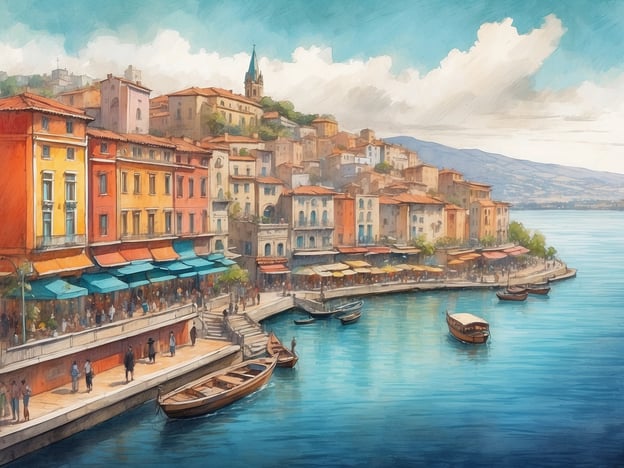 Auf dem Bild sind farbenfrohe, mediterran anmutende Gebäude zu sehen, die an einem Ufer entlang einer ruhigen Wasserfläche stehen. Der Himmel ist blau mit einigen Wolken, und es sind mehrere Boote im Wasser zu sehen. Die Szene wirkt lebhaft und einladend, mit Menschen, die entlang der Uferpromenade spazieren.Entdecke Auckland bietet ebenfalls eine Vielzahl von malerischen Uferlandschaften, lebhaften Stadtteilen und kulturellen Erlebnissen, die an diese Schönheit erinnern.