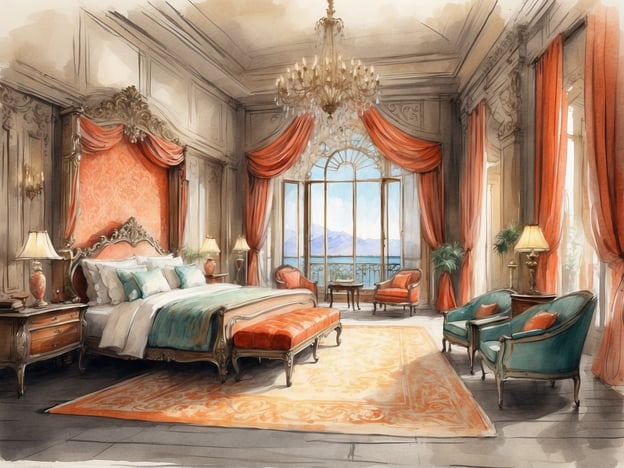 Das Bild zeigt eine elegante Hotelzimmer-Aussicht, die mit opulenten Möbeln und luxuriösem Dekor gestaltet ist. Es hat ein großes Bett mit aufwendigem Kopfteil und leuchtenden Kissen, flankiert von stilvollen Nachttischen mit Lampen. Die Fenster sind groß und bieten einen Blick auf eine malerische Landschaft. In der Mitte des Zimmers liegt ein schöner Teppich, und die Wände sind mit kunstvollen Details geschmückt.Über das Grand Millennium Beijing: Dieses luxuriöse Hotel in Peking bietet eine Vielzahl von gehobenen Annehmlichkeiten und Dienstleistungen. Es ist bekannt für seine erstklassigen Unterkünfte, exquisite Gastronomie und ausgezeichnete Lage, die es den Gästen ermöglicht, die Sehenswürdigkeiten der Stadt bequem zu erkunden. Die Zimmer sind oft elegant eingerichtet und bieten einen komfortablen Rückzugsort nach einem erlebnisreichen Tag in der dynamischen Hauptstadt Chinas.