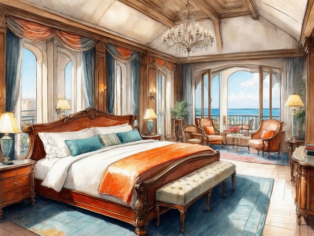 Auf dem Bild ist ein elegantes Schlafzimmer zu sehen. Es ist hell und großzügig gestaltet, mit großen Fenstern, die einen schönen Ausblick auf das Wasser bieten. Die Möbel sind aus edlem Holz, und das Bett ist mit einer weichen Bettwäsche in beruhigenden Farben ausgestattet.Zusätzlich gibt es gemütliche Sitzmöglichkeiten auf der anderen Seite des Raumes, ideal für entspannte Stunden. Zwei Lampen sorgen für warmes Licht, und ein Kronleuchter verleiht dem Raum eine luxuriöse Atmosphäre. Die Kombination von stilvollen Details und einem natürlichen Lichtstrahl schafft eine einladende Umgebung, die Entspannung und Komfort bietet.