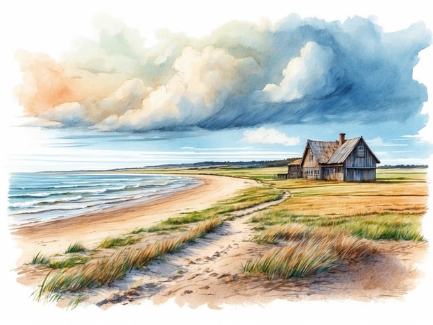Auf dem Bild ist eine malerische Küstenlandschaft zu sehen, die ein ruhiges Meer, einen Sandstrand und eine ländliche Umgebung mit einem Holzhaus darstellt. Die Wolken am Himmel verleihen der Szenerie eine dramatische Stimmung.Halligen sind kleine, meist unbewohnte Geestinseln im nordfriesischen Wattenmeer, die bei Hochwasser häufig überflutet werden. Diese einzigartigen Landschaften sind durch ihre spezielle Flora und Fauna geprägt und dienen oft als Lebensraum für viele Vogelarten. Halligen sind besonders schutzbedürftig und stehen in engem Zusammenhang mit den Gezeiten und dem natürlichen Ökosystem des Wattenmeeres.