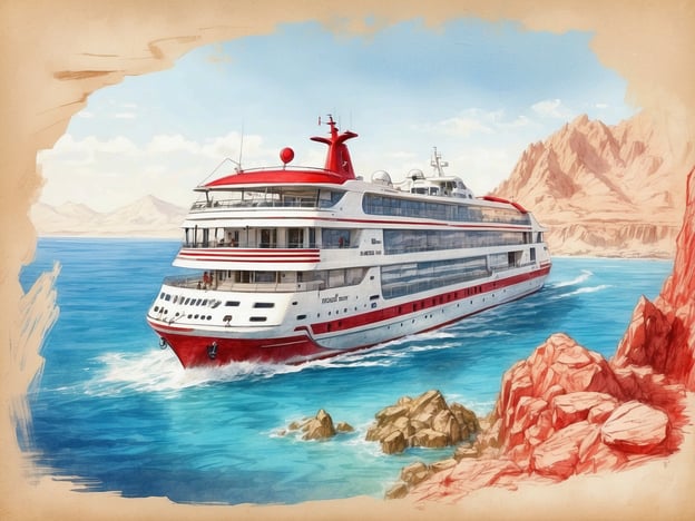 Ein Kreuzfahrtschiff fährt durch das kristallklare Wasser des Roten Meeres, umgeben von beeindruckenden roten Felsen und einer malerischen Küstenlandschaft. Im Hintergrund sind sanfte Hügel und Bergketten zu sehen, die die Schönheit der Region unterstreichen. Dieses Bild vermittelt das Gefühl von Abenteuer und Erholung in einem Tauchparadies voller antiker Schätze.