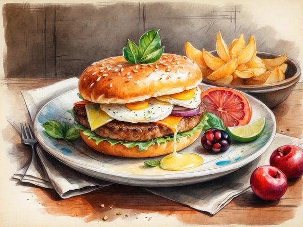 Auf dem Bild ist ein köstlicher Burger zu sehen, der auf einem Teller angerichtet ist. Der Burger hat einSesambrötchen und ist gefüllt mit einem saftigen Patty, Spiegeleiern und frischem Gemüse. Dazu gibt es knusprige Pommes frites in einer Schüssel. Die Beilagen umfassen rote Zitrusfrüchte, Limetten, Kräuter und einige Äpfel, die ebenfalls auf dem Tisch liegen.Für kulinarische Genüsse könnte ein lokales Burger-Restaurant wie „Burgermeister“ oder „The Bird“ in Berlin ansprechend sein, wo ähnliche kreative Hamburger-Kreationen angeboten werden. Diese Lokale legen großen Wert auf frische Zutaten und ein abwechslungsreiches Sortiment, das Burgerliebhaber begeistert.