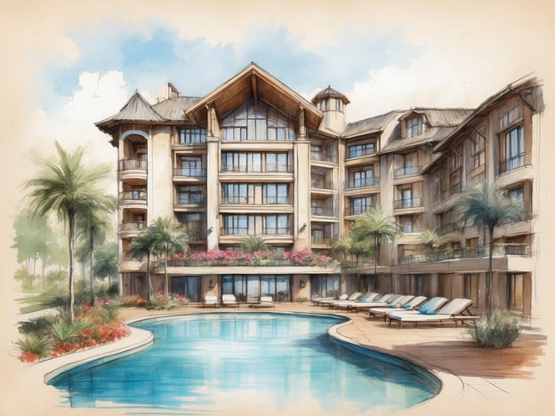 Auf dem Bild ist eine künstlerische Darstellung eines luxuriösen Hotels zu sehen, möglicherweise im Stil des Grand Millennium Dubai. Es zeigt eine ansprechend gestaltete Fassade mit einem modernen, aber dennoch eleganten Design. Umgeben von Palmen und bunten Blumen erweckt das Bild eine entspannende Atmosphäre. Der Pool im Vordergrund lädt zur Erholung ein, und die Loungemöbel deuten auf eine einladende Umgebung hin.Das Grand Millennium Dubai ist bekannt für seine stilvollen Unterkünfte, erstklassigen Annehmlichkeiten und einen hervorragenden Service. Das Hotel bietet eine Vielzahl von Einrichtungen wie Restaurants, Wellnessbereiche und Konferenzräume, die es zu einer beliebten Wahl für Geschäftsreisende und Urlauber gleichermaßen machen. Die Lage in der Nähe von wichtigen Sehenswürdigkeiten und Einkaufszentren verstärkt seinen Reiz zusätzlich.