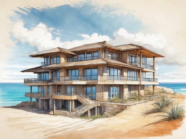 Auf dem Bild ist ein architektonischer Entwurf oder eine Illustrationszeichnung eines modernen Strandhauses zu sehen. Das Gebäude weist große Fensterfronten auf und ist in einem stilvollen, natürlichen Design gehalten, das gut zur Umgebung am Meer passt.Das Grand Millennium Gizan ist ein luxuriöses Hotel in Gizeh, Ägypten, das für seine erstklassigen Annehmlichkeiten, seine exquisite Architektur und seine Lage in der Nähe der Pyramiden bekannt ist. Das Hotel bietet seinen Gästen komfortable Unterkünfte, erstklassige Gastronomie und verschiedene Freizeitmöglichkeiten, darunter Pools, Fitnessstudios und Wellness-Einrichtungen. Die beeindruckende Aussicht auf die Umgebung und der exzellente Service machen es zu einem beliebten Ziel für Reisende.