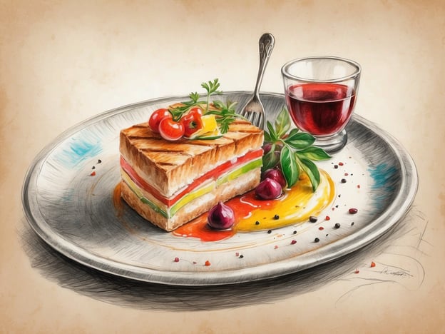 Auf dem Bild ist ein ansprechend angerichtetes Gericht zu sehen, das an ein Gastronomieerlebnis in einem Hotel erinnert. Es handelt sich um einen schichtweisen Snack oder ein kleines Gericht, das mit verschiedenen Gemüsesorten wie Tomaten, Gurken und möglicherweise Paprika dekoriert ist. Dazu kommt eine Soße oder ein Püree in lebendigen Farben, was das Gericht visuell ansprechend macht.Neben dem Gericht steht ein kleines Glas mit einem erfrischenden Getränk, das den Gesamteindruck abrundet. Solche kulinarischen Höhepunkte sind typisch für die gehobene Gastronomie in Hotels, die Wert auf kreative Präsentation und frische Zutaten legen.