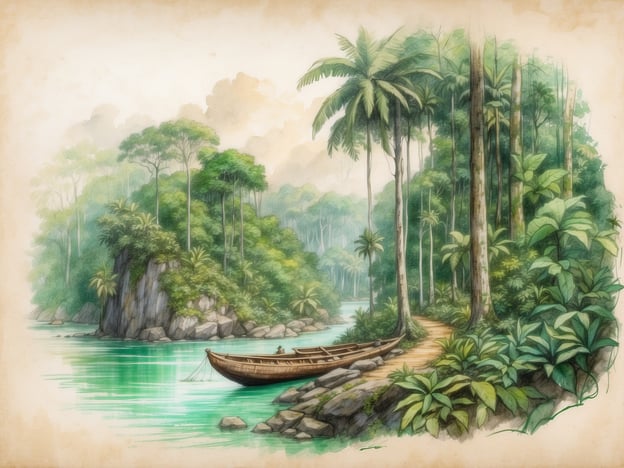 Eine malerische Landschaft im Amazonasgebiet mit üppiger tropischer Vegetation, hohen Palmen und dichtem Grün. Ein ruhiger Fluss ist im Vordergrund sichtbar, an dessen Ufer ein traditionelles Holzboot vertäut ist. Am Ufer führt ein schmaler Pfad durch die Bäume und Pflanzen, umgeben von Felsen und leuchtend grünen Blättern. Der Hintergrund ist mit sanften Hügeln und Nebel angedeutet, was eine friedliche und unberührte Naturkulisse zeigt.