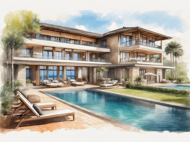 Auf dem Bild ist ein luxuriöses, modernes Gebäude zu sehen, das wahrscheinlich ein Hotel oder eine Villa mit einem Pool und gepflegten Gärten darstellt. Große Fenster und Balkone deuten auf eine atemberaubende Aussicht hin, während die umliegende Landschaft tropische Pflanzen und gemütliche Liegen zeigt.Das Grand Millennium Muscat ist ein elegantes Hotel in Maskat, Oman, das für seine erstklassigen Annehmlichkeiten und seinen exzellenten Service bekannt ist. Es bietet eine Vielzahl von komfortablen Zimmern, Restaurants mit internationaler Küche, ein Fitnesscenter, einen Wellnessbereich und einen Poolbereich, der Gästen Entspannung und Luxus bietet. Die Lage ermöglicht es den Gästen, die Schönheit der Umgebung zu genießen und die Kultur der Region zu entdecken.