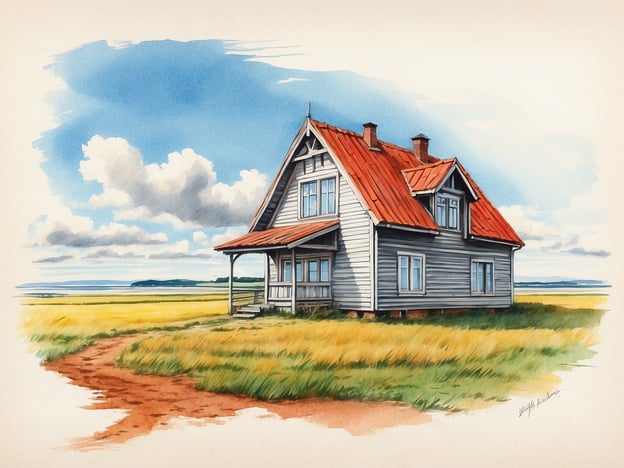 Auf dem Bild ist ein traditionelles Haus mit rotem Dach zu sehen, das auf einer weitläufigen, offenen Fläche steht. Es umgibt viel Gras und der Himmel ist mit einigen Wolken bedeckt.
Die Halligen sind kleine, meist unbewohnte, marschige Inseln an der nordfriesischen Küste, die bei Hochwasser teilweise oder vollständig überflutet werden können. Sie sind bekannt für ihre einzigartige Landschaft und die spezielle Architektur von Häusern, die oft auf Warften (künstlich aufgeschütteten Erhöhungen) errichtet sind, um vor den Fluten zu schützen.