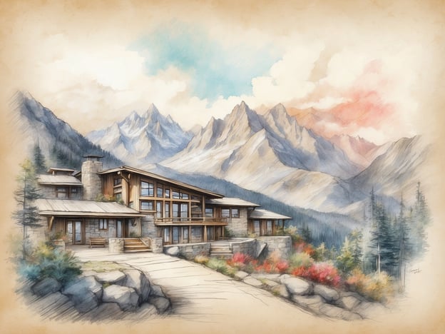 Auf dem Bild ist eine malerische Darstellung eines modernen Gebäudes in einer landschaftlich reizvollen Umgebung zu sehen. Das Haus scheint von Bergen und Bäumen umgeben zu sein, was auf eine ruhige und naturnahe Lage hinweist. Im Vordergrund sieht man einen gepflasterten Weg, der zum Gebäude führt, und die gesamte Szenerie vermittelt ein Gefühl von Eleganz und Gemütlichkeit.Wenn man dies in Verbindung mit dem Grand Millennium Tabuk betrachtet, ist es denkbar, dass es sich um eine stilisierte Architektur handelt, die ähnliche Anziehungskraft und Atmosphäre wie das Hotel in Tabuk haben könnte. Das Grand Millennium Tabuk liegt ebenfalls in einer attraktiven Umgebung und bietet luxuriöse Annehmlichkeiten, was sowohl Erholung als auch ein einzigartiges Erlebnis bietet.