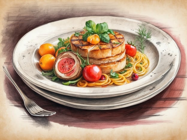 Auf dem Bild ist ein aufwendig angerichtetes kulinarisches Gericht zu sehen. Im Vordergrund liegen fein angeordnete Spaghetti, die mit frischen Kräutern garniert sind. Darüber türmt sich eine gegrillte Fleischscheibe, die üppig gestapelt wird, begleitet von einer Vielzahl von bunten Beilagen. Diese umfassen unter anderem Kirschtomaten und kleine, frische Früchte.Die Präsentation des Gerichts ist besonders ansprechend, was die Geschmäcker und Texturen der verschiedenen Komponenten harmonisch zur Geltung bringt. Diese Kombination aus warmen und kalten Elementen sowie der Einsatz von Kräutern sorgt für ein visuell und geschmacklich ansprechendes Erlebnis. Es vermittelt den Eindruck von Frische und Raffinesse in der Küche.