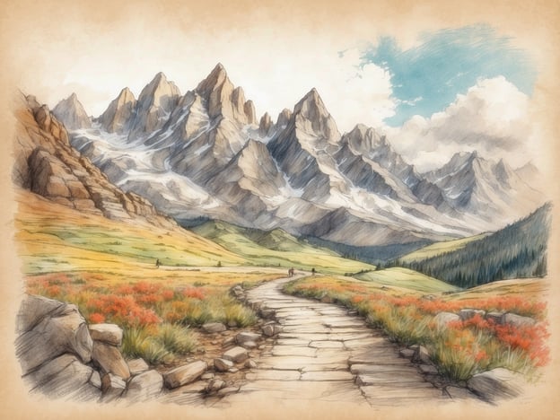 Auf dem Bild ist eine malerische Berglandschaft mit hohen Gipfeln und einer weiten Aussicht zu sehen. Eine gut ausgebaute Wanderstraße führt durch das bunte Blumenfeld, das von orangefarbenen und grünen Pflanzen gesäumt ist.Aktivitäten, die man hier unternehmen könnte, sind Wandern oder Trekking, um die herrliche Natur zu genießen. Zudem könnte man die Umgebung erkunden und Fotos der beeindruckenden Bergkulisse machen. Die Region lädt auch zu entspannenden Spaziergängen in der frischen Luft ein und bietet Möglichkeiten zur Vogelbeobachtung oder zum Picknicken in der Natur.