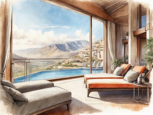 Auf dem Bild wird ein stilvolles und modernes Hotelzimmer dargestellt. Es bietet einen atemberaubenden Blick auf eine Berglandschaft durch große Fenster. Im Vordergrund befinden sich zwei bequeme Liegen mit orangefarbenen Kissen, die zu einer entspannten Atmosphäre einladen.Der Raum scheint lichtdurchflutet zu sein, mit Holzdetails und Pflanzen, die eine natürliche Note hinzufügen. Der Pool im Außenbereich verstärkt den Eindruck von Luxus und Entspannung. Insgesamt vermittelt das Bild eine ruhige und einladende Atmosphäre, ideal für einen erholsamen Aufenthalt.